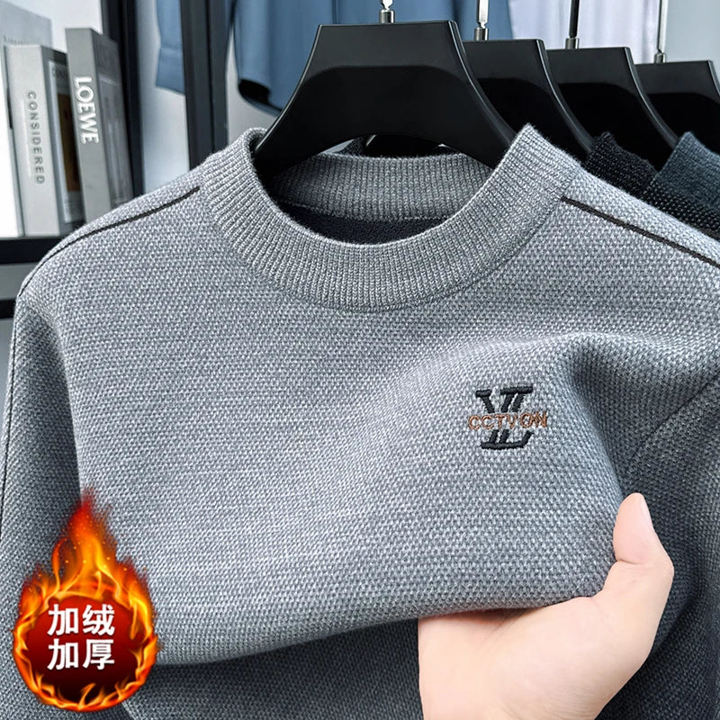 Winter 2025 Men's Sweater with Fleece and Mink Fur for Middle-aged Warmth, Integrated Fleece Base, Embroidered Round Neck Top