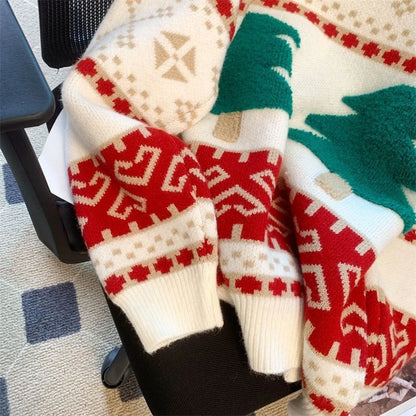 Sweet Christmas Tree Red Sweater Women Long Sleeve O Neck Cute Knit Pullover Harajuku Y2K Preppy Style Casual Lazy Jumper