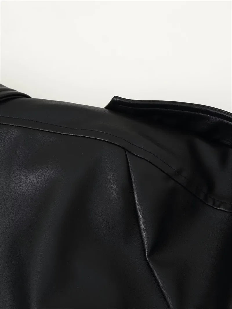 2026 Autumn Winter New Fashion Belt Leather Jacket Coats Women Long Sleeve Windbreaker Black Coat Female Streetwear Leather Coat