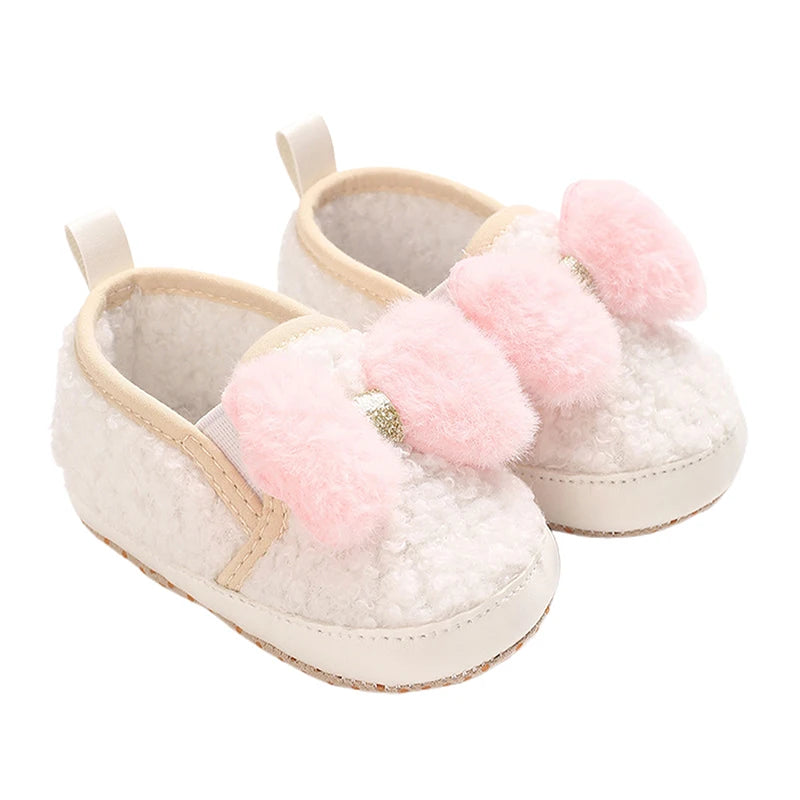 Cute Toddler Winter Boots Warm Plush Snow Booties Slip-on Soft Sole Shoes for Baby Girls with Bow Decoration and Anti-Skid