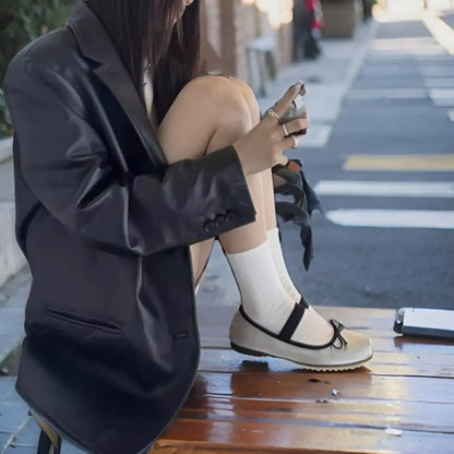 Fashion Lapel Collar Leather Jacket Women Outerwear Korean Chic Vintage PU Coats Loose Retro Suit Leather Jacket Autumn/Winter