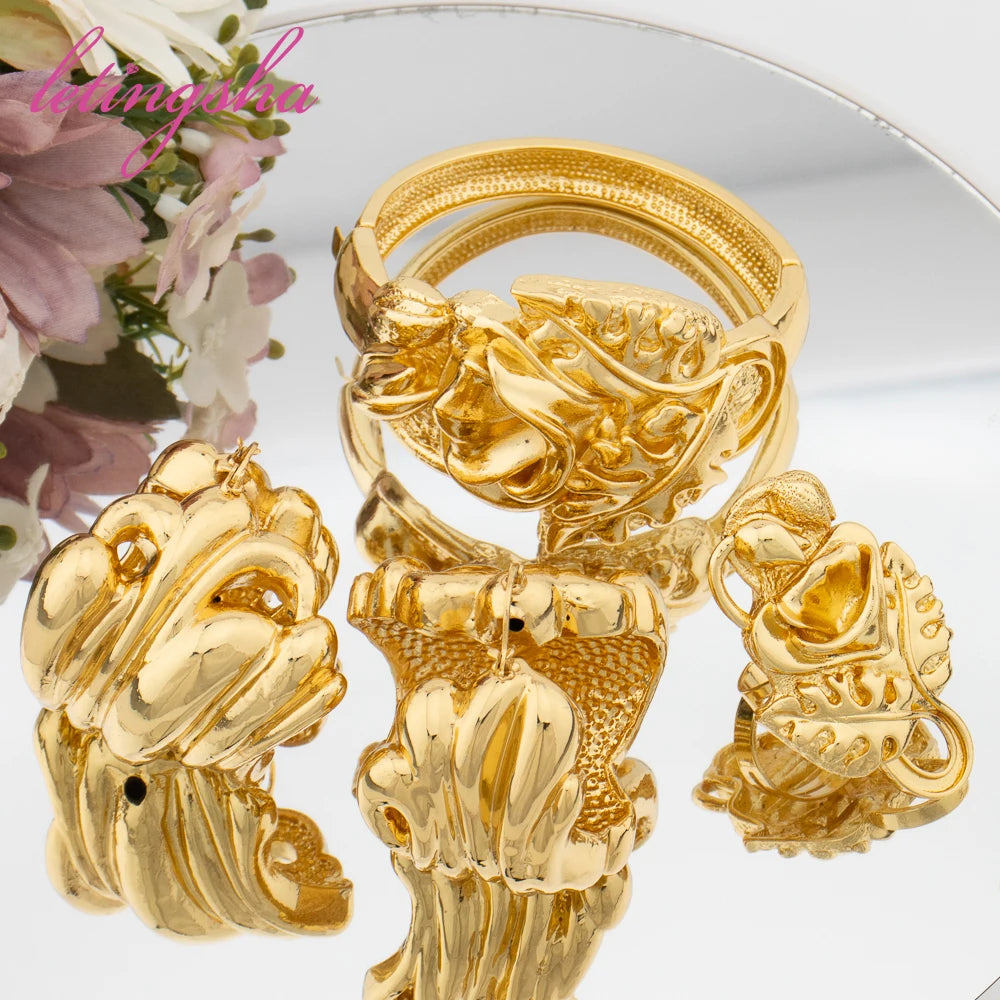 Fashion Jewelry Set for Women Large Hoop Earrings and Bangle Ring Weddings Bride Trendy Bracelet and Earrings Jewelry Set