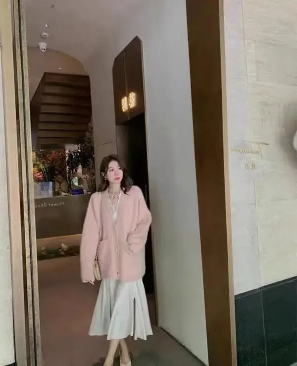 Ladies Sweaters Winter Button Knitted Top for Women White Cardigan 2025 New Collection Jumper Long Sleeve Knitwear Korean Luxury