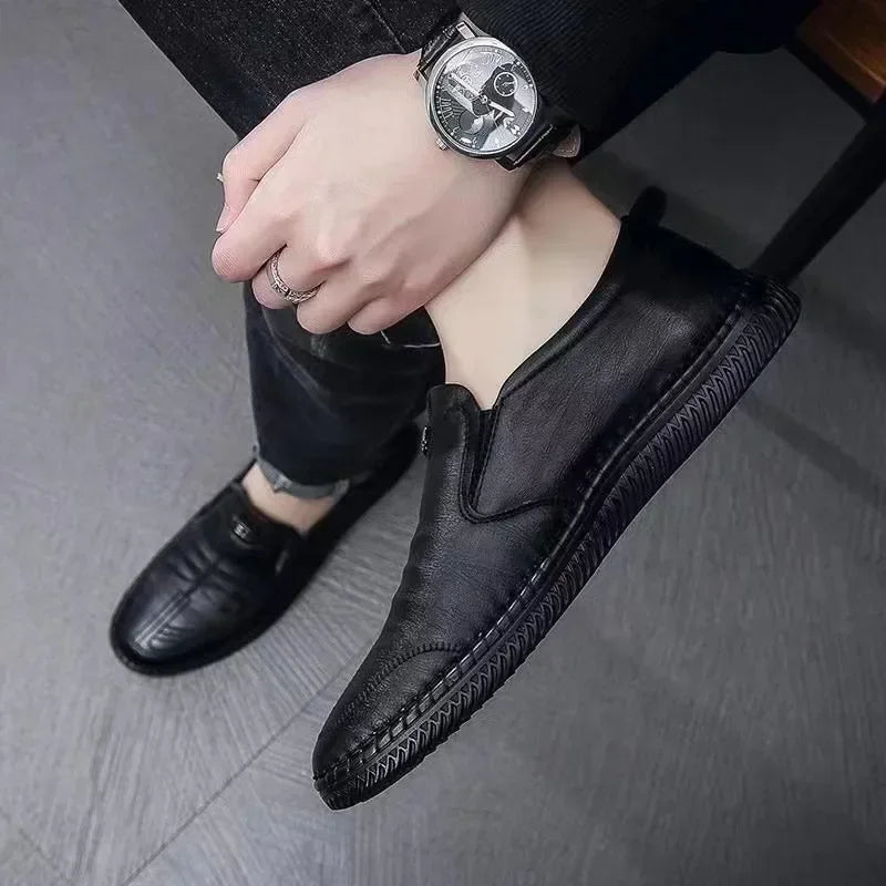 Leather Men Shoes Breathable Business Summer Slip on Loafers Man Casual Black Flats Driving Walking Shoes Moccasins