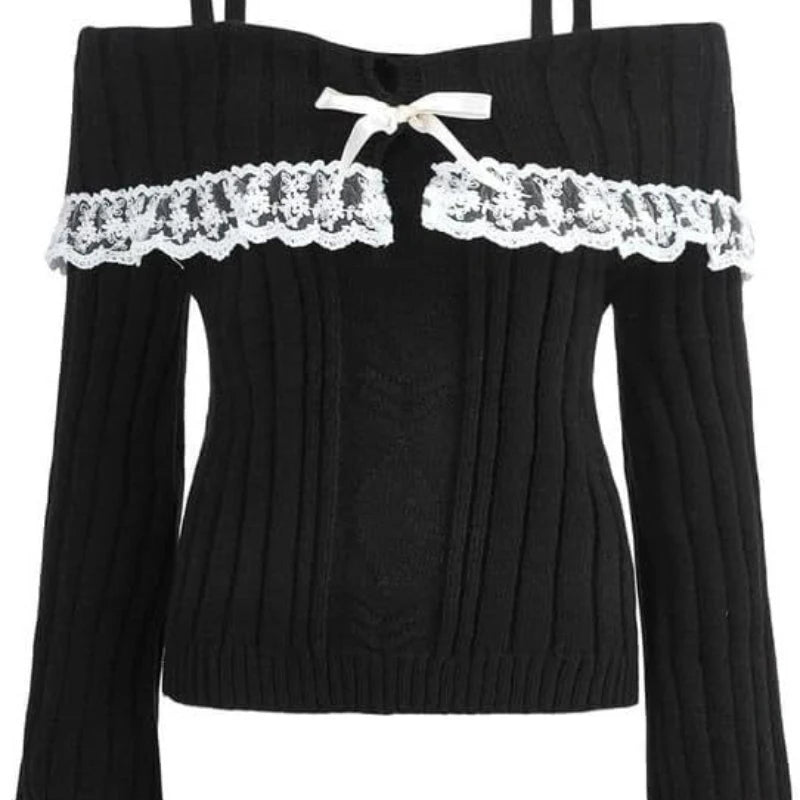 Sweet And Fresh Women's Sweater 2024 Autumn And Winter Bow Solid Color Cute Lace Single Shoulder Strap Sweater Girlish Style.
