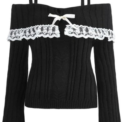 Sweet And Fresh Women's Sweater 2024 Autumn And Winter Bow Solid Color Cute Lace Single Shoulder Strap Sweater Girlish Style.