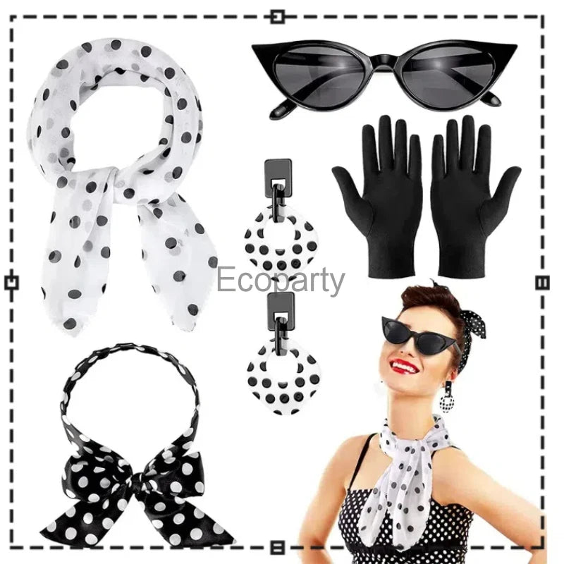 1950's Costume Accessories For Women Retro Polka Dot Headband Necklace Chiffon Scarf Eyeglasses Earrings Set Girls Party Outfits