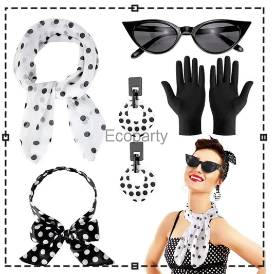 1950's Costume Accessories For Women Retro Polka Dot Headband Necklace Chiffon Scarf Eyeglasses Earrings Set Girls Party Outfits