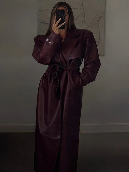 Fashion PU Leather Long Overcoats With Belt Women Luxury Lapel Button Oversize Jackets Female 2025 Autumn High Street Outerwear