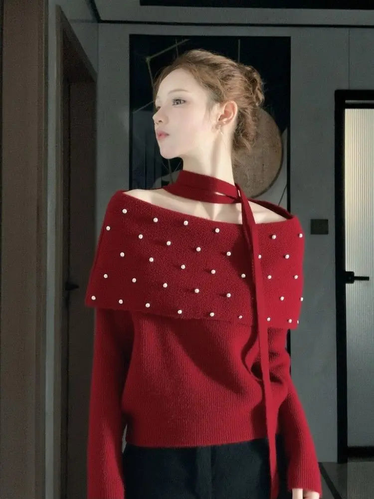 Christmas Winter Sweet Red Knitted Sweaters Women Y2k Harajuku Korean Fashion Pullovers Casual Long Sleeve Elegant Jumpers