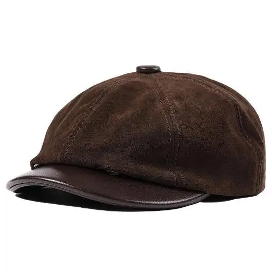 New Autumn Winter Natural Genuine Leather Caps For Men Suede Cowhide Leather Warm Berets Women's Hats British Fashion Golf Cap