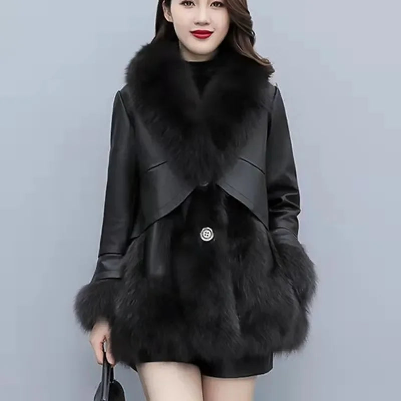 Chic Leather Jacket Women's Overcoat 2024 Autumn Winter New Faux Fox Fur Mid-Length PU Leather Stitching Thick Warm Coat Outwear
