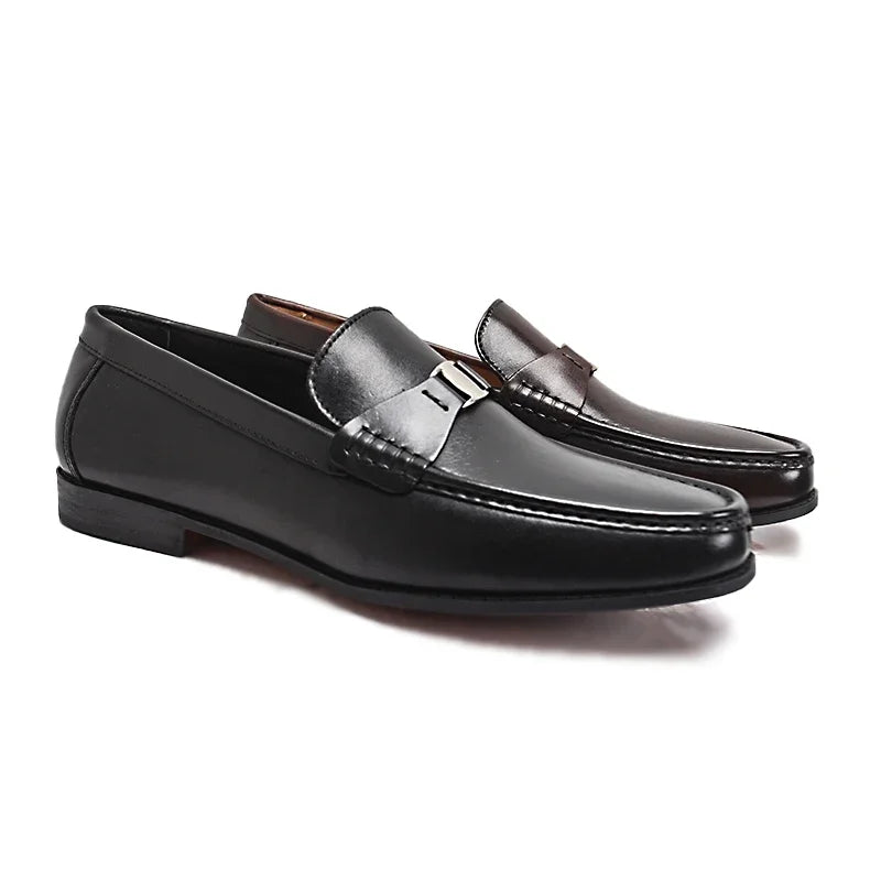 Men's Genuine Leather Non-Slip Flat Loafers Handmade Metal Buckle Glossy Pointed Banquet Wedding Party Formal Shoes