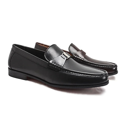 Men's Genuine Leather Non-Slip Flat Loafers Handmade Metal Buckle Glossy Pointed Banquet Wedding Party Formal Shoes
