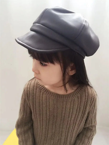 Kids Boys Girls PU Leather Hat 2024 New Arrival Children Princess Retro Beret Cap British Style Plaid Striped Cap Steetwear Hat
