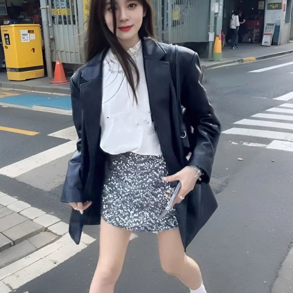 Fashion Lapel Collar Leather Jacket Women Outerwear Korean Chic Vintage PU Coats Loose Retro Suit Leather Jacket Autumn/Winter