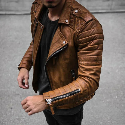 Leather Coat Men Spring Autumn Fashion Slim Lapel Locomotive Men Leather Jacket Solid Color Long Sleeve PU Brown Leather Jacket