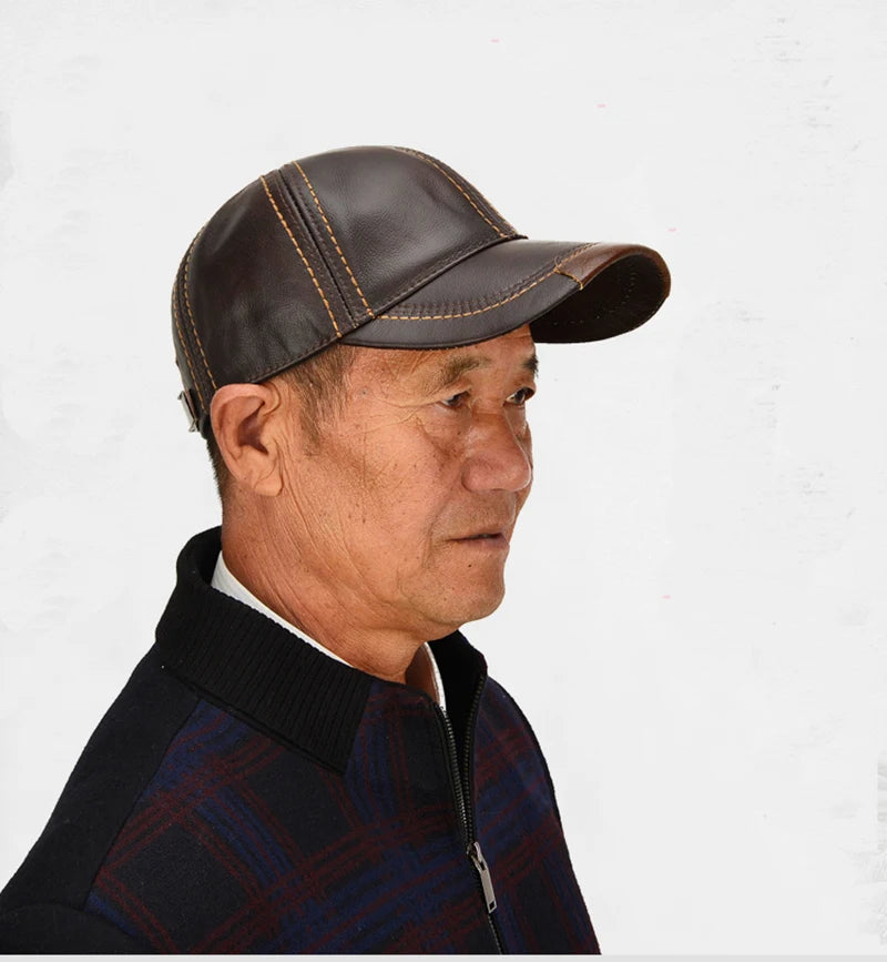 Men Real Cowhide Leather Earlap Caps Male Fall Winter 100% Real Cow Leather Hats New Casual Real Leather Outdoor Baseball Cap