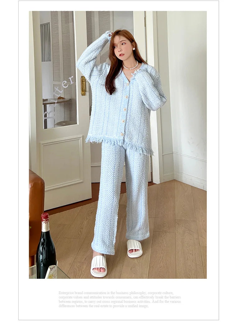 Winter Ins Sweet Tassel Cardigan Set Sleepwear Women's Winter Thick Warm Knitted Home Clothes Two Piece Set Light Blue