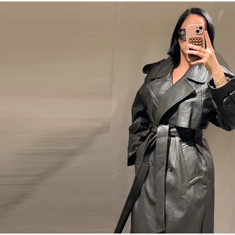 Elegant Women's Double Breasted Long Leather Coat With Belt Lapel Full Sleeve Pockets Jacket 2025 Autumn Winter Lady Outwear New