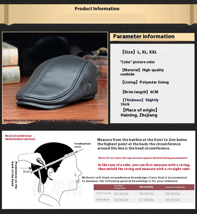 Men's Genuine Leather Baseball Cap Premium Cowhide Autumn/Winter New Style Haining Sourced with Ear Protection for Outdoor Use