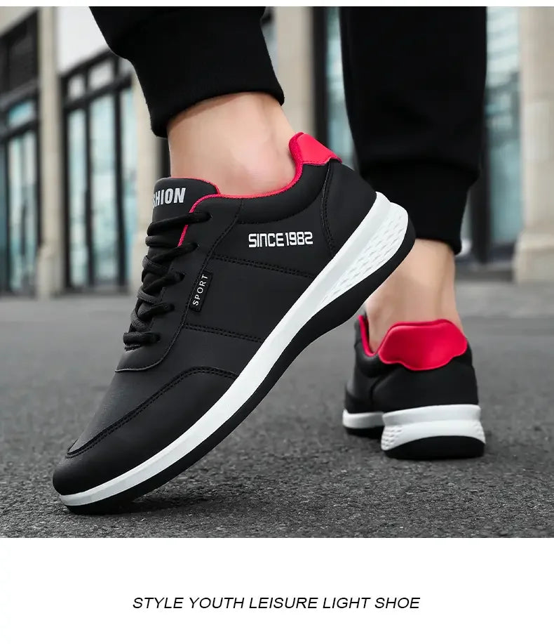 Artificial Leather Men's Casual Shoes Spring Men's Casual Lightweight Sports Shoes Lace Up Flat Shoes Breathable Outdoor Jogging