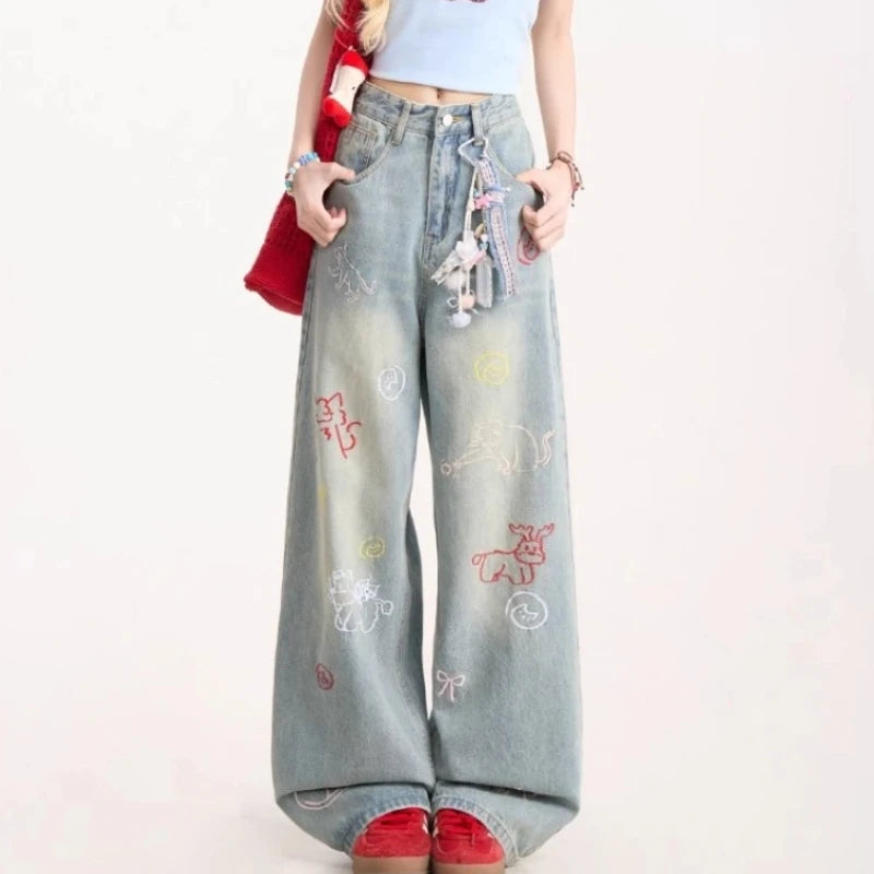 Jeans for Woman Y2k Pants Retro Washed Denim Straight Leg Wide Leg Trousers Cartoon Embroidery Design Comfortable Daily Wear