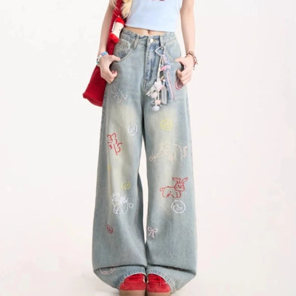 Jeans for Woman Y2k Pants Retro Washed Denim Straight Leg Wide Leg Trousers Cartoon Embroidery Design Comfortable Daily Wear