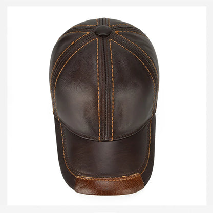 Men Real Cowhide Leather Earlap Caps Male Fall Winter 100% Real Cow Leather Hats New Casual Real Leather Outdoor Baseball Cap