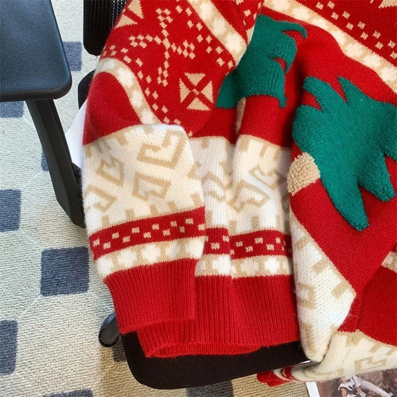 Sweet Christmas Tree Red Sweater Women Long Sleeve O Neck Cute Knit Pullover Harajuku Y2K Preppy Style Casual Lazy Jumper