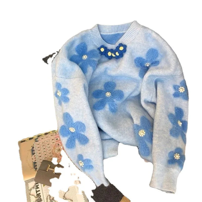 Soft Glutinous Sweater for Women in Autumn and Winter 2025 New Beaded Flowers Niche Fashion and Sweet