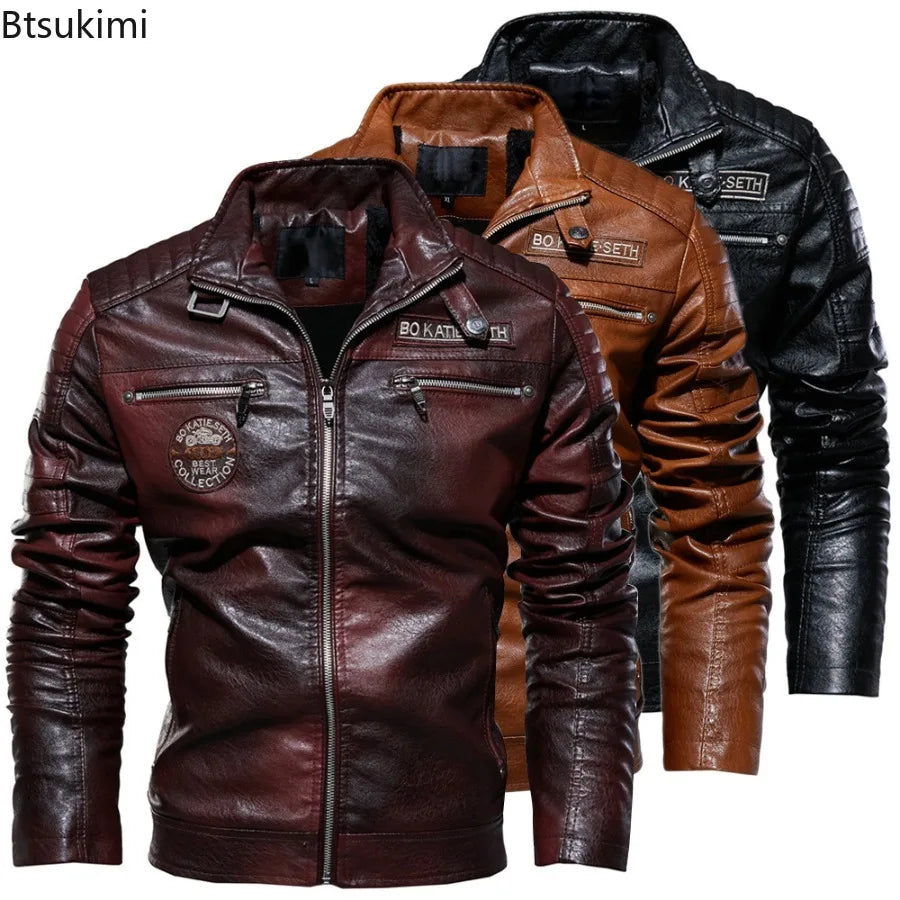 2025 Leather Jackets Men's Autumn Winter Fleece Motorcycle PU Leather Jackets Vintage Casual Stand Collar Windbreaker Slim Coats