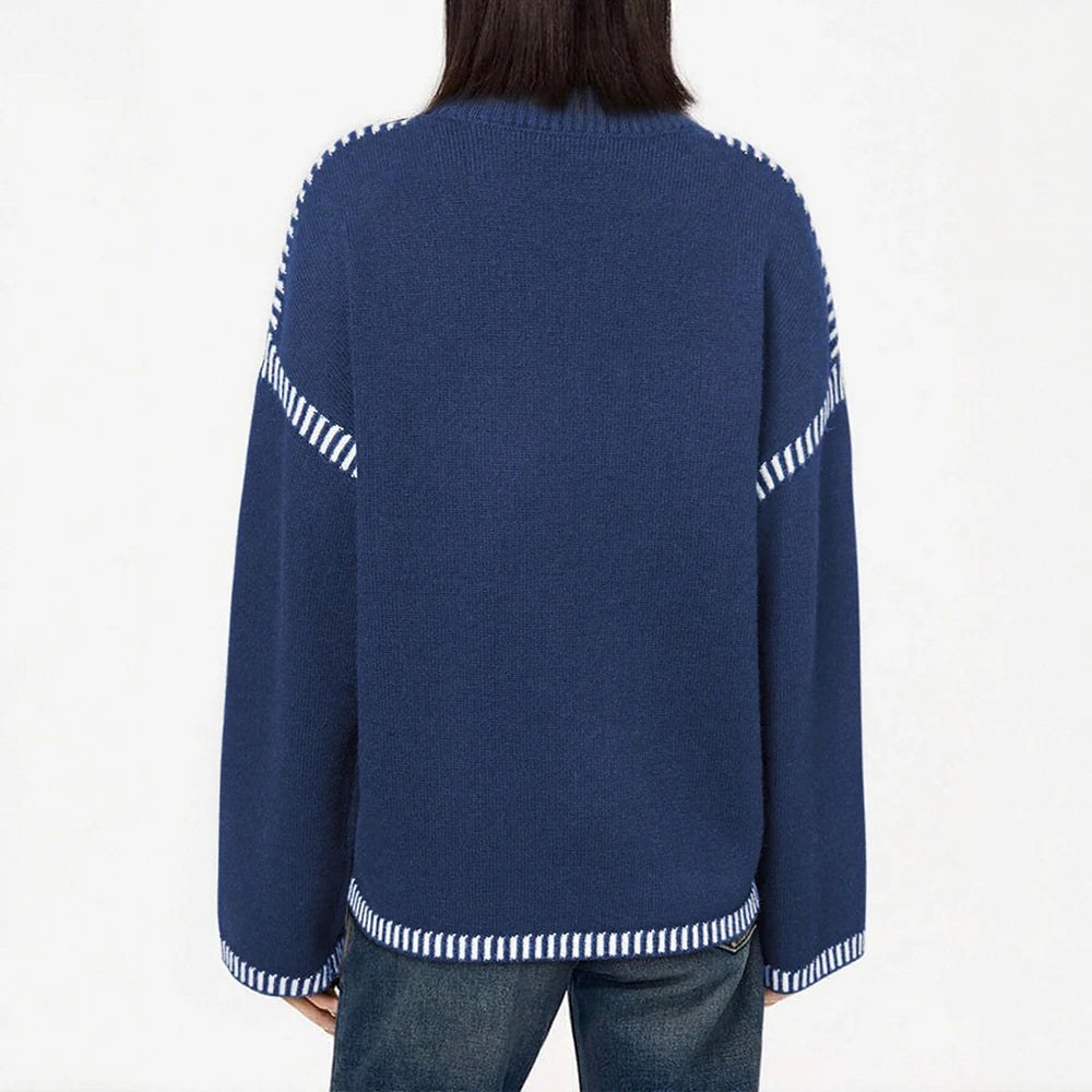 Women's Sweaters Autumn Winter 2025 Comfortable Daily Dark Stripe Design Long Sleeve Round Neck Relaxed Fit Top