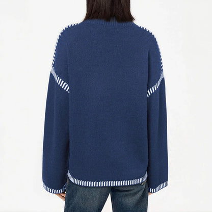 Women's Sweaters Autumn Winter 2025 Comfortable Daily Dark Stripe Design Long Sleeve Round Neck Relaxed Fit Top