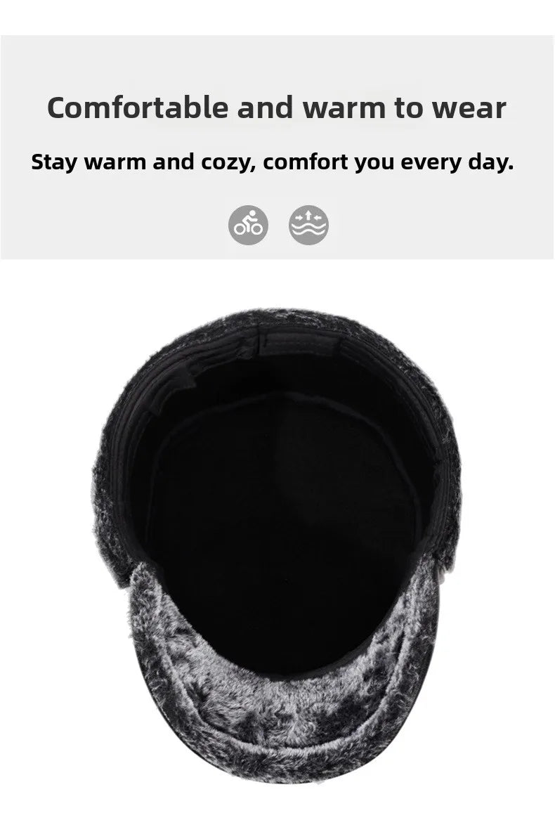 Mens Leather Flat Top Baseball Cap Warm Ear Hat for Elderly in Autumn Winter Thickened Fleece-lined Cold Cap