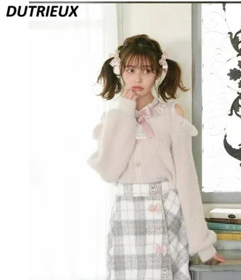 Sweet Lolita Winter Clothes Women Off Shoulder Sweater Pullover Student Elegant Long Sleeve Knitwear Bow Lace Waist Slim Sweater