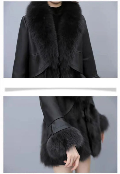 Chic Leather Jacket Women's Overcoat 2024 Autumn Winter New Faux Fox Fur Mid-Length PU Leather Stitching Thick Warm Coat Outwear