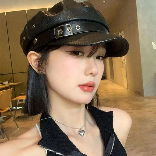New Women's PU Leather Beret Hat Vintage England Flat Top Newsboy Caps Outdoor Casual Visor Black Artist Fashion Painter Hat