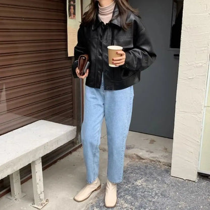 Sweet Lapel Collar Leather Jacket Women Outerwear Korean Chic Vintage PU Coats Retro Windbreaker Jackets Streetwear