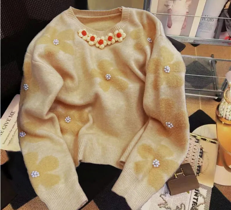 Soft Glutinous Sweater for Women in Autumn and Winter 2025 New Beaded Flowers Niche Fashion and Sweet