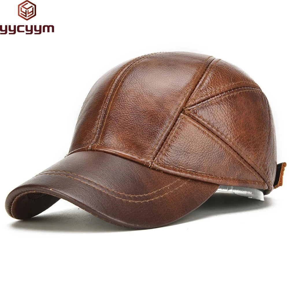 Hot Sale Casual Real Leather Earflap Cap Men's Real Cowhide Leather Caps Male Fall Winter Genuine Real Cow Leather Baseball Hats