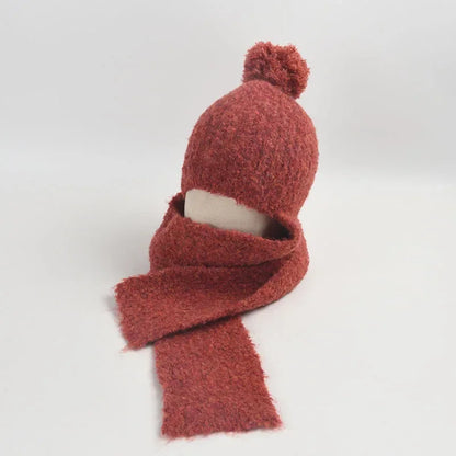 Winter Sweet Girl's Must-have - Wool Blend Beanie with Scarf and Shiny Furball