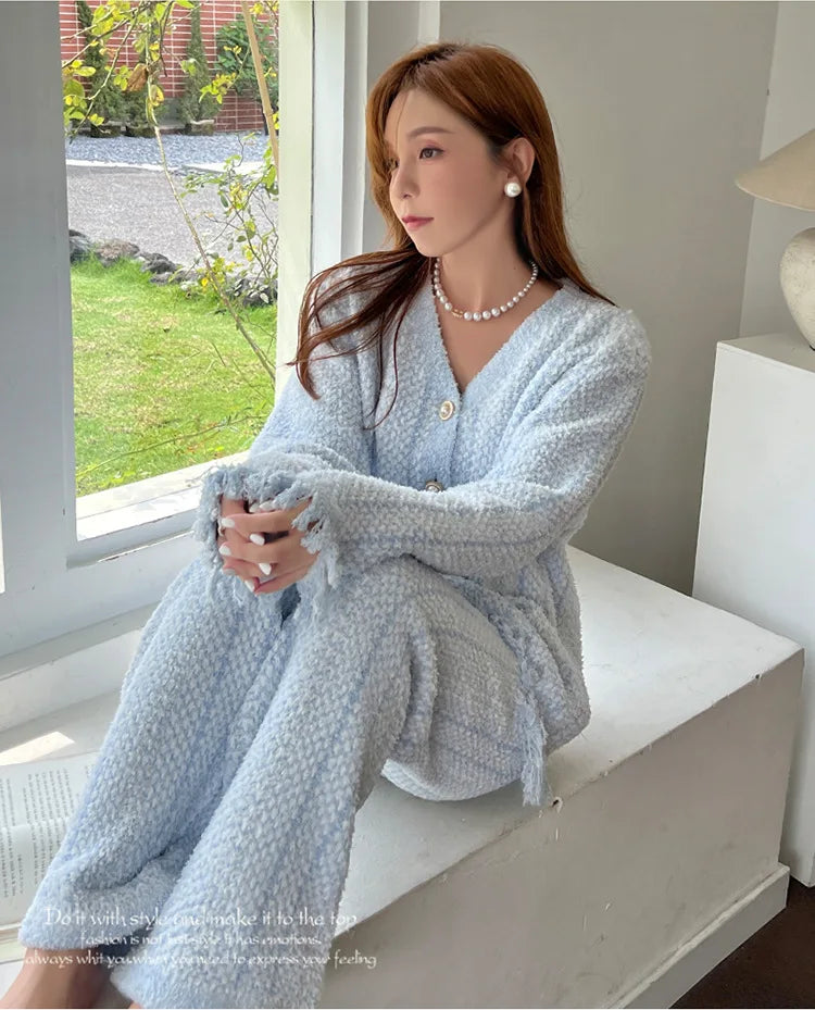 Winter Ins Sweet Tassel Cardigan Set Sleepwear Women's Winter Thick Warm Knitted Home Clothes Two Piece Set Light Blue