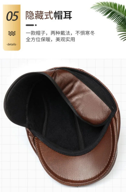 Men's Genuine Leather Hat Vintage Classic Thicker Warm Cowhide Leather Berets With Ears Snapback Cap Fashion Cap Gifts for Dad