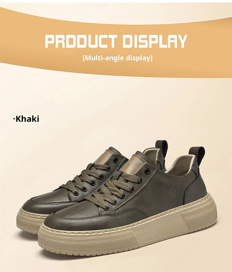Genuine Leather Men's Casual Shoes, Thick-soled, Anti-slip, Wear-resistant, Height-increasing, Street Fashion, Retro Board Shoes