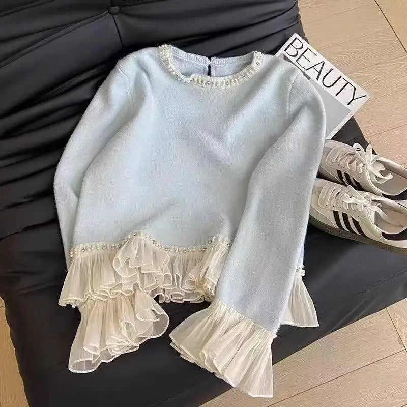 New Winter Sweet Loose Beaded Ruffled Pink Sweater for Women Fashion Versatile Casual and Elegant Knitted Sweater