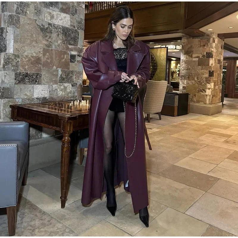 Fashion PU Leather Long Overcoats With Belt Women Luxury Lapel Button Oversize Jackets Female 2025 Autumn High Street Outerwear
