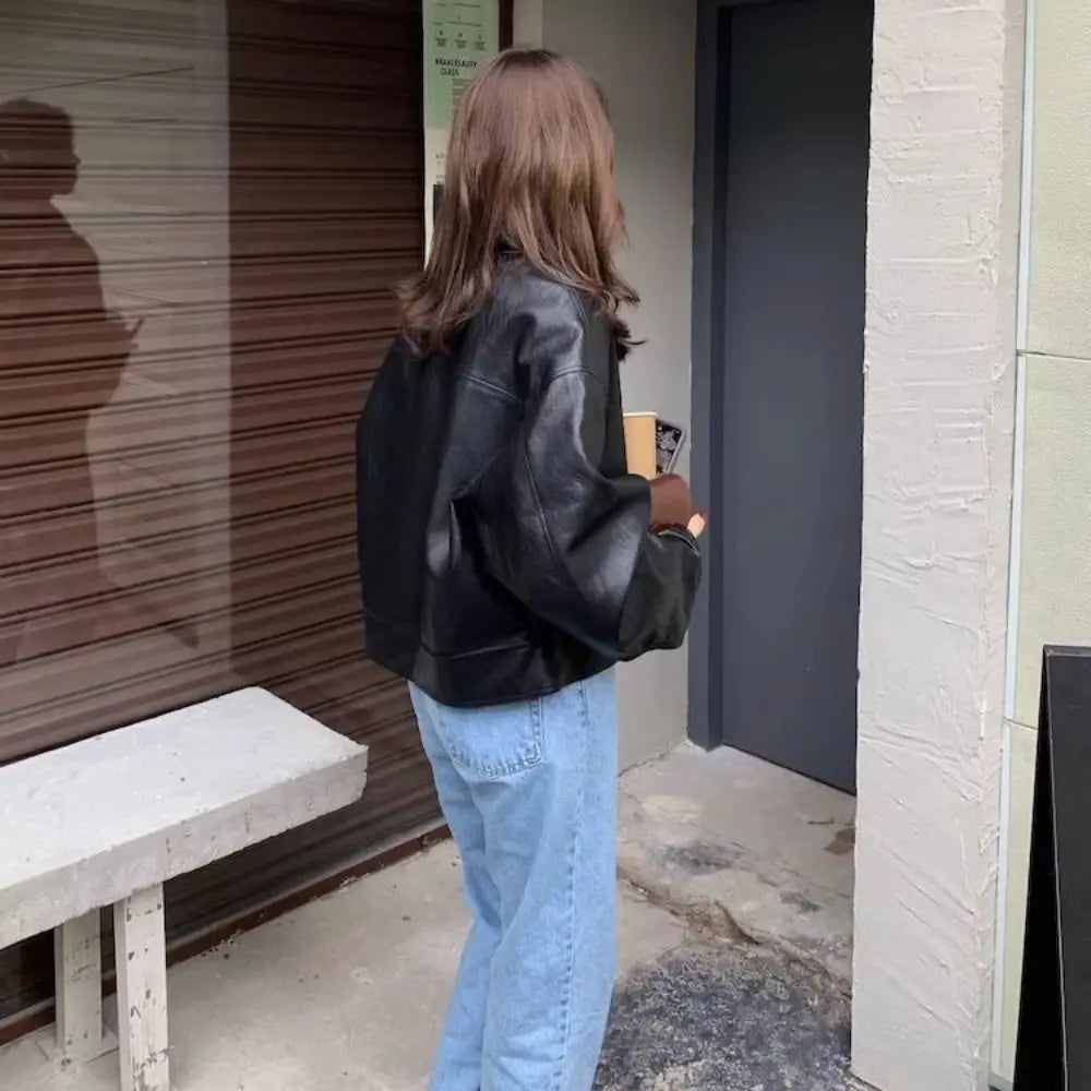 Fashion Lapel Collar Leather Jacket Women Outerwear Retro Vintage PU Coats Korean Chic Windbreaker Jackets Autumn/Winter