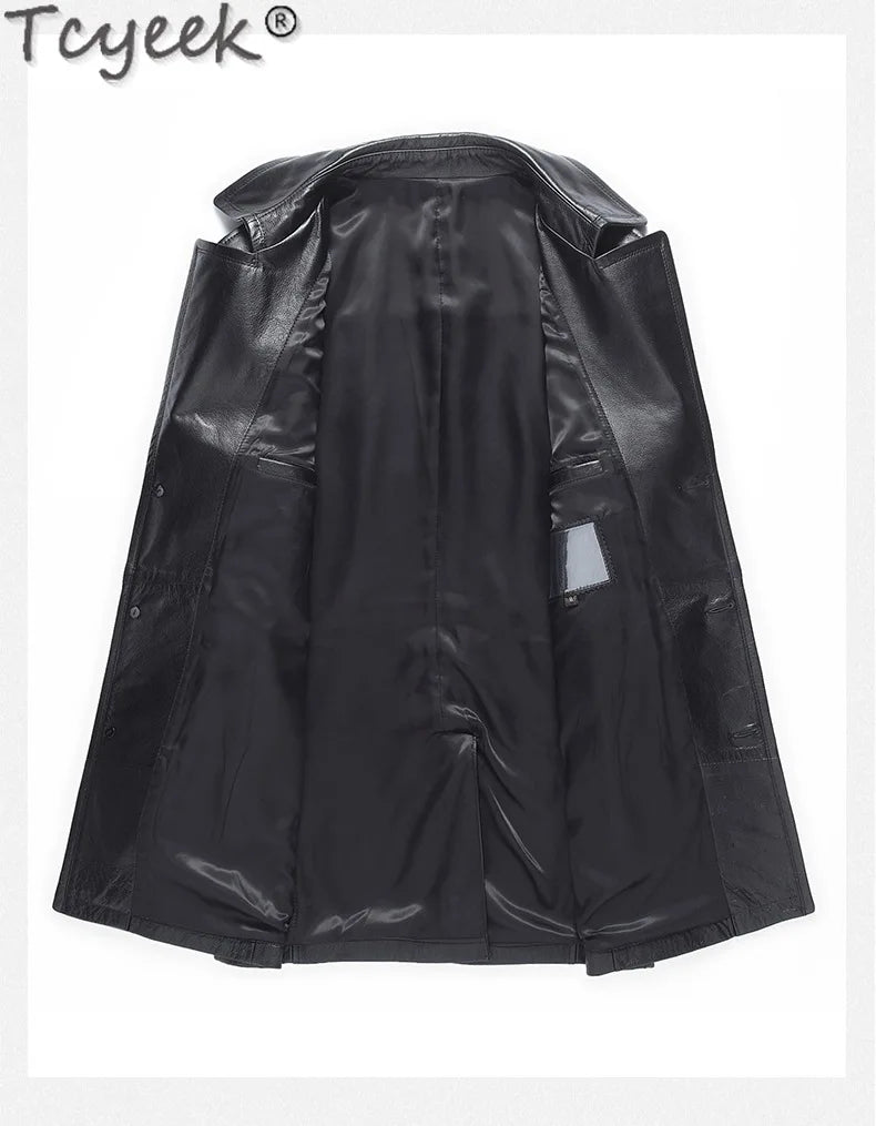 Tcyeek Real Cowhide Genuine Leather Man Jackets Mid-length Trench Coat Spring Autumn Suit Jacket Men Clothing Jaqueta De Couro