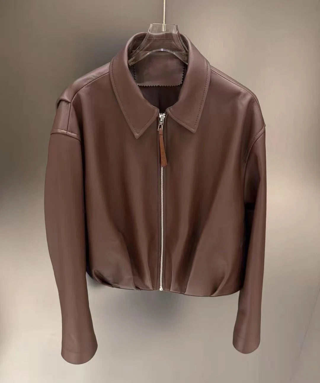 Natural Leather jacket For Women Lambskin Bomber Biker Jacket Long Sleeves 100% Sheepskin Leather Coat  Folded Short Tops Woman